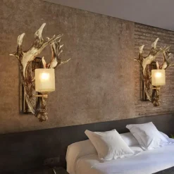 Antique Wooden Antler Wall Light - Rustic Home Decor