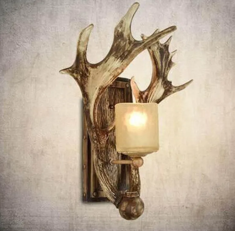 Antique Wooden Antler Wall Light - Rustic Home Decor