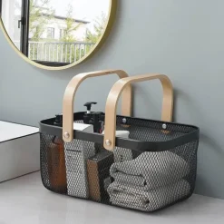 Aufbewahrungskorb aus Eisengeflecht mit Holzgriff – stilvoller Organizer für Küche und Bad