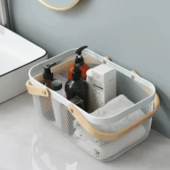 Aufbewahrungskorb aus Eisengeflecht mit Holzgriff – stilvoller Organizer für Küche und Bad