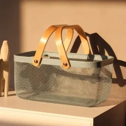 Aufbewahrungskorb aus Eisengeflecht mit Holzgriff – stilvoller Organizer für Küche und Bad