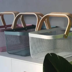 Aufbewahrungskorb aus Eisengeflecht mit Holzgriff – stilvoller Organizer für Küche und Bad