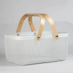 Aufbewahrungskorb aus Eisengeflecht mit Holzgriff – stilvoller Organizer für Küche und Bad