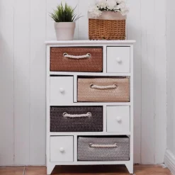 Aufbewahrungsschrank aus Holz mit 4 Schubladen und geflochtenen Körben