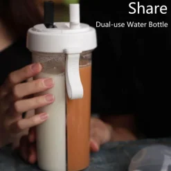 Auslaufsichere Reisewasserflasche – Trinkflasche mit zwei Strohhalmen