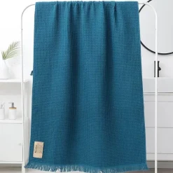 Badetuch mit geometrischer Quaste, schnelltrocknendes Waffelmuster aus Baumwolle, mehrfarbig, 90 x 180 cm