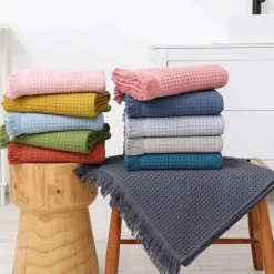 Badetuch mit geometrischer Quaste, schnelltrocknendes Waffelmuster aus Baumwolle, mehrfarbig, 90 x 180 cm