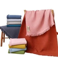 Badetuch mit geometrischer Quaste, schnelltrocknendes Waffelmuster aus Baumwolle, mehrfarbig, 90 x 180 cm