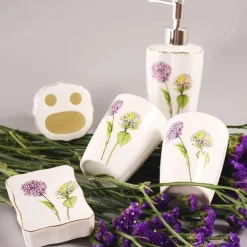 Badezimmer-Set aus Keramik – Zahnbürstenhalter, Lotionspender, Seifenschale