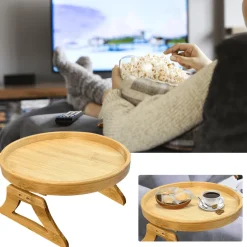 Bamboo Clip-On Tray - Round Sofa Armrest Organizer