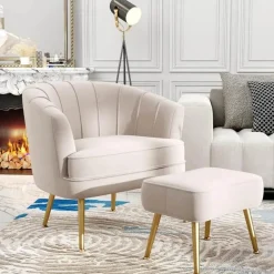 Beiger Schalensessel - Bequemer Wohnzimmersessel mit goldenen Beinen