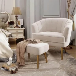 Beiger Schalensessel - Bequemer Wohnzimmersessel mit goldenen Beinen