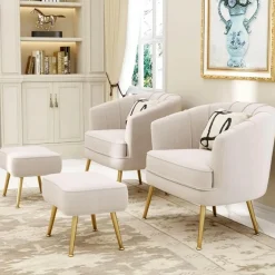 Beiger Schalensessel - Bequemer Wohnzimmersessel mit goldenen Beinen