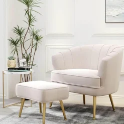 Beiger Schalensessel - Bequemer Wohnzimmersessel mit goldenen Beinen