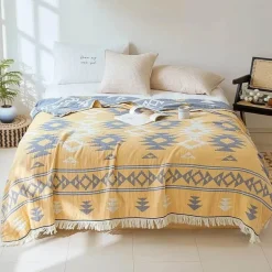 Böhmische Baumwoll-Überwurfdecke – vierlagige Gaze-Tagesdecke mit Quasten