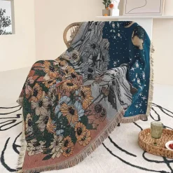 Böhmische Überwurfdecke - Geometrischer Wandteppich-Sofabezug mit Quasten