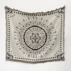 Böhmische Überwurfdecke - Geometrischer Wandteppich-Sofabezug mit Quasten