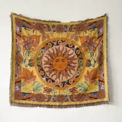 Böhmische Überwurfdecke - Geometrischer Wandteppich-Sofabezug mit Quasten