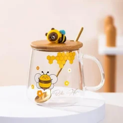 Bienenglasbecher mit Deckel - Kaffeelöffelbecher zum Frühstück