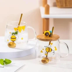 Bienenglasbecher mit Deckel - Kaffeelöffelbecher zum Frühstück