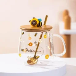 Bienenglasbecher mit Deckel - Kaffeelöffelbecher zum Frühstück
