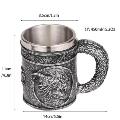 Bierkrug im Retro-Stil mit silbernem Drachenmotiv – 450 ml Edelstahlkrug