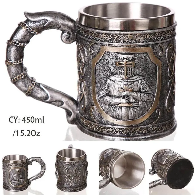 Bierkrug im Retro-Stil mit silbernem Drachenmotiv – 450 ml Edelstahlkrug