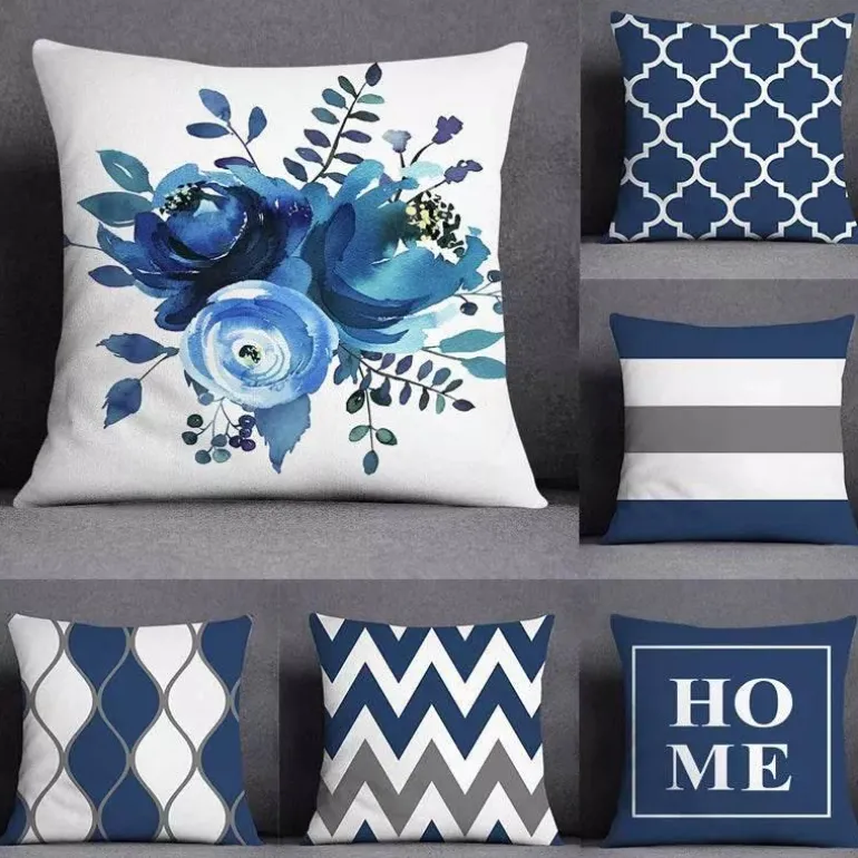 Blauer geometrischer Kissenbezug mit Blumenmuster - Moderne Wohndekoration Kissenbezug