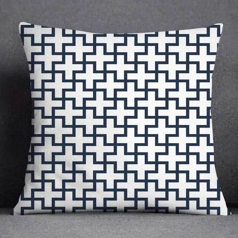 Blauer geometrischer Kissenbezug mit Blumenmuster - Moderne Wohndekoration Kissenbezug