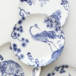 Blau-weiße Keramik-Essteller mit Tiermotiven – 4er-Set