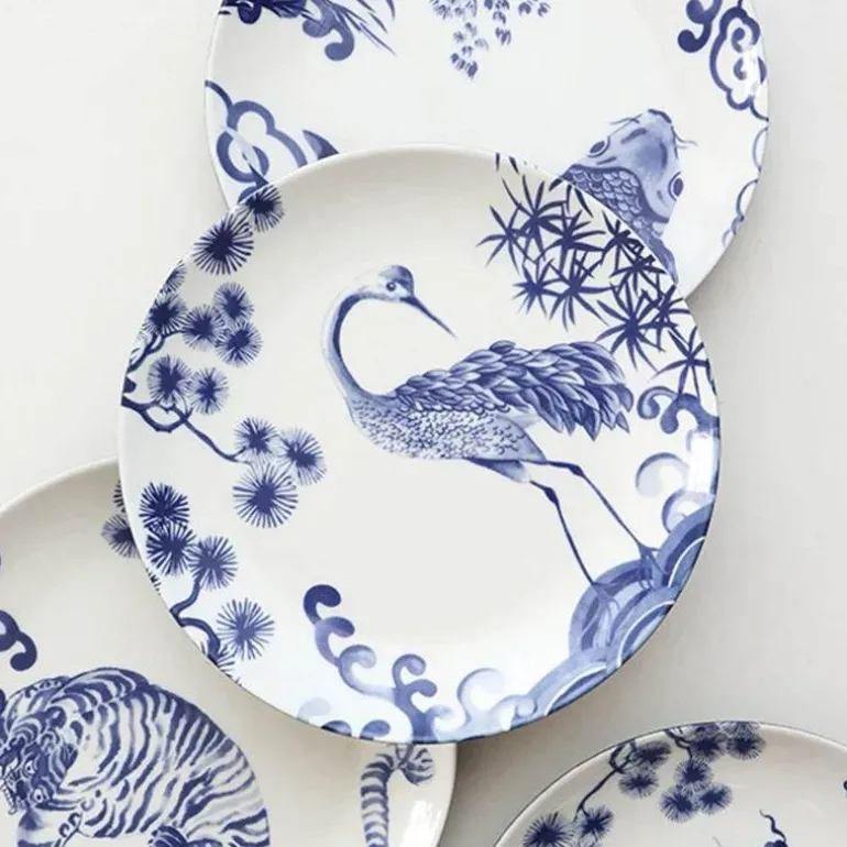 Blau-weiße Keramik-Essteller mit Tiermotiven – 4er-Set