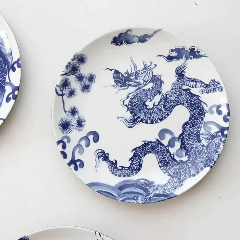 Blau-weiße Keramik-Essteller mit Tiermotiven – 4er-Set