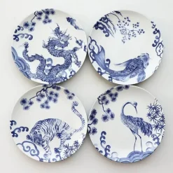 Blau-weiße Keramik-Essteller mit Tiermotiven – 4er-Set