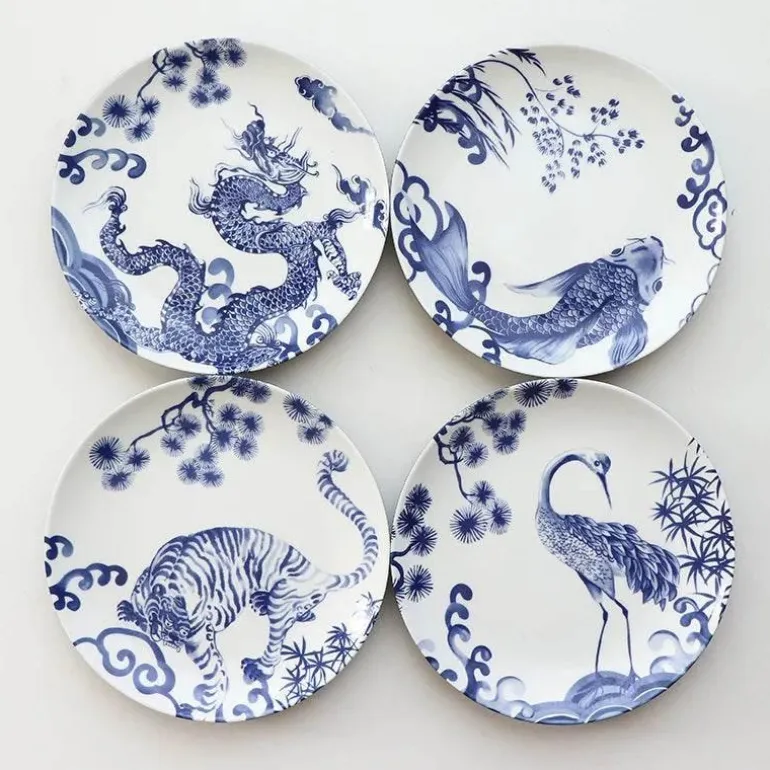 Blau-weiße Keramik-Essteller mit Tiermotiven – 4er-Set