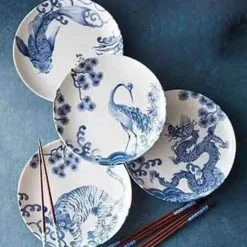 Blau-weiße Keramik-Essteller mit Tiermotiven – 4er-Set