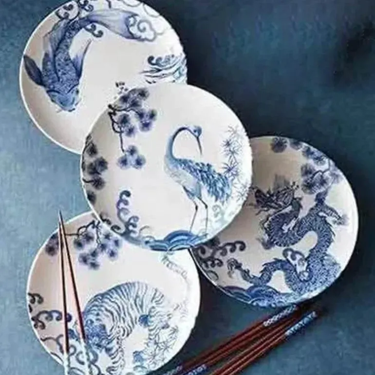Blau-weiße Keramik-Essteller mit Tiermotiven – 4er-Set