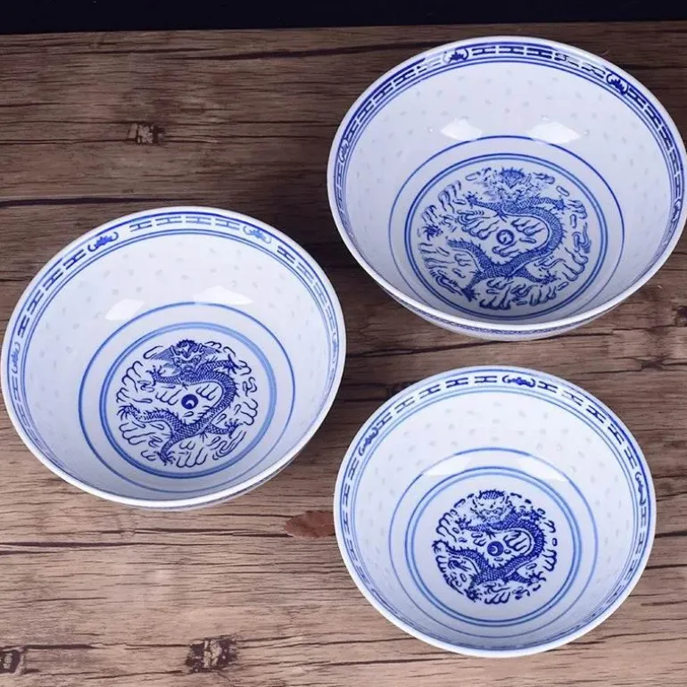 Blau-weiße Ramen-Schüssel aus Porzellan mit Drachenmuster