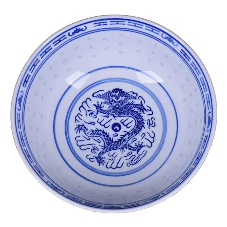 Blau-weiße Ramen-Schüssel aus Porzellan mit Drachenmuster