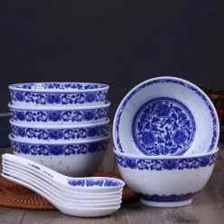 Blau-weißes Reisschüssel-Set aus Porzellan mit Drachenmotiv – dekoratives asiatisches Geschirr