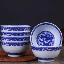 Blau-weißes Reisschüssel-Set aus Porzellan mit Drachenmotiv – dekoratives asiatisches Geschirr