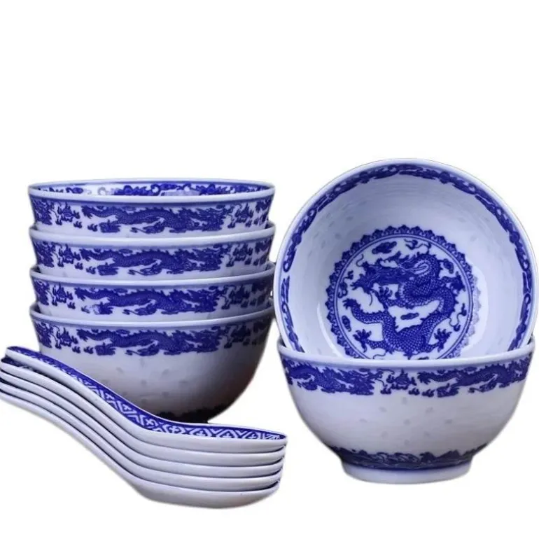 Blau-weißes Reisschüssel-Set aus Porzellan mit Drachenmotiv – dekoratives asiatisches Geschirr