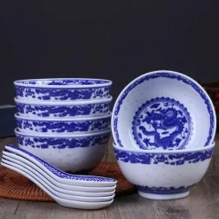 Blau-weißes Reisschüssel-Set aus Porzellan mit Drachenmotiv – dekoratives asiatisches Geschirr