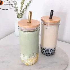 Boba Smoothie Cup - Glas mit Bambusdeckel und Edelstahl-Strohhalm