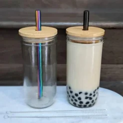 Boba Smoothie Cup - Glas mit Bambusdeckel und Edelstahl-Strohhalm
