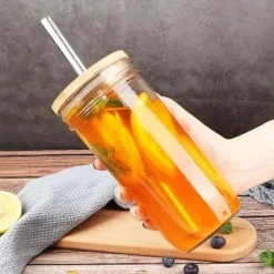 Boba Smoothie Cup - Glas mit Bambusdeckel und Edelstahl-Strohhalm