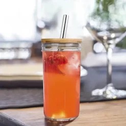 Boba Smoothie Cup - Glas mit Bambusdeckel und Edelstahl-Strohhalm