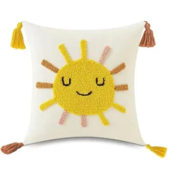 Boho Regenbogen Mond Kissenbezug - Gelbes Quastenkissen 45x45cm