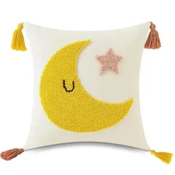 Boho Regenbogen Mond Kissenbezug - Gelbes Quastenkissen 45x45cm