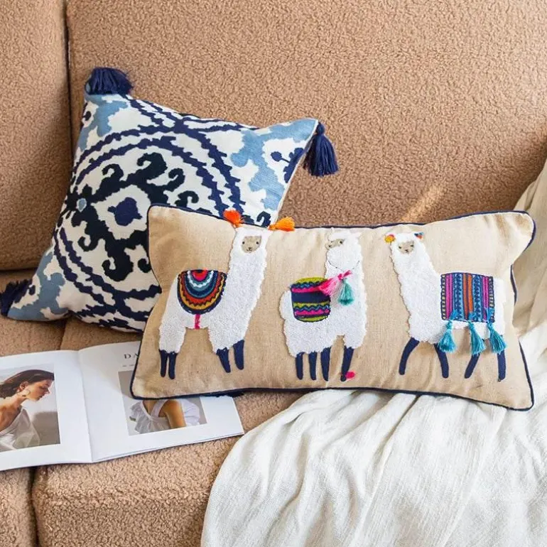 Boho Vintage Lendenkissenbezug - Besticktes Quastendesign