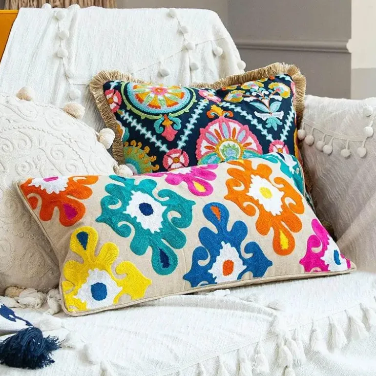 Boho Vintage Lendenkissenbezug - Besticktes Quastendesign
